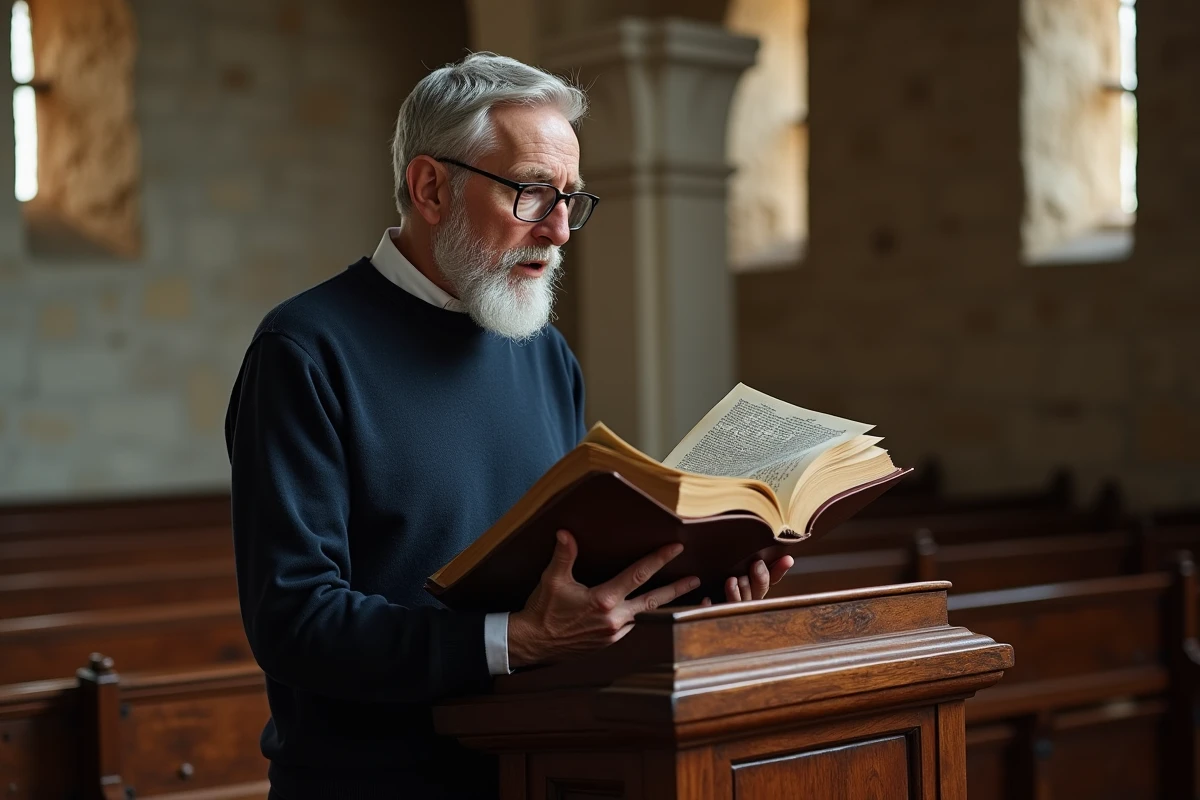 Vieil homme lisant à voix haute un livre sacré orné de calligraphie dans une chapelle en pierre