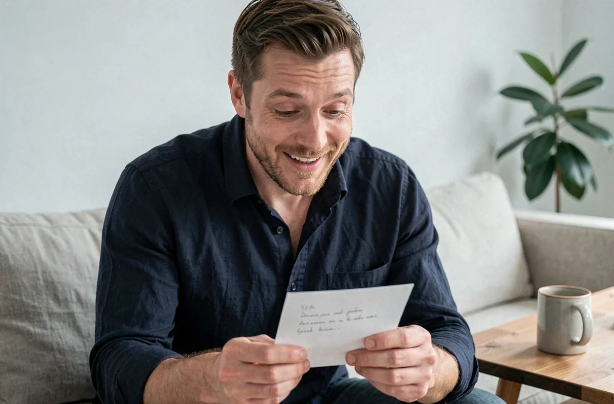 Homme lisant un mot d'amour avec émotion lors d'un anniversaire de couple