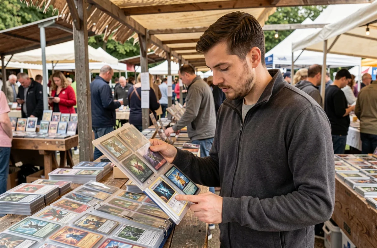 Homme feuilletant un classeur de cartes Pokémon rares sur un stand de marché aux collectionneurs en plein air