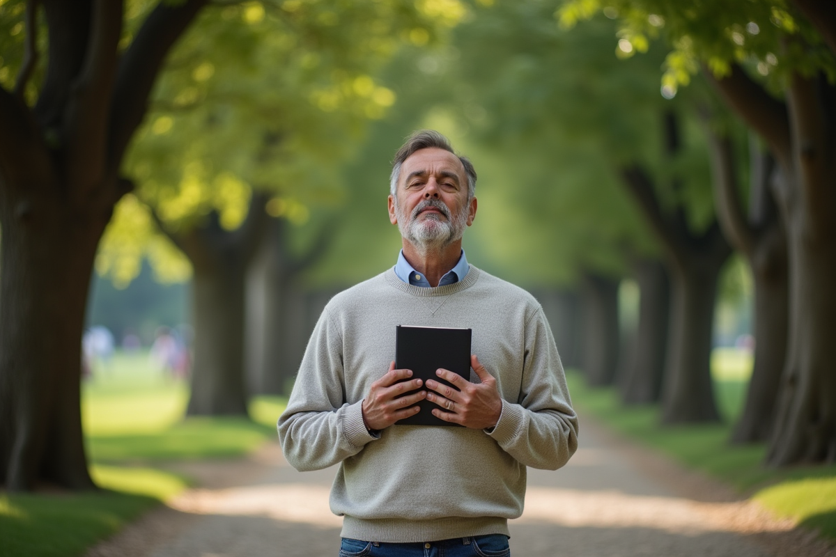 Homme méditant dans un parc en pleine nature