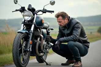 Homme en équipement moto inspectant sa moto sur la route