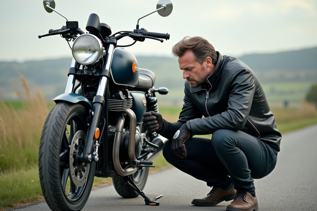 Homme en équipement moto inspectant sa moto sur la route