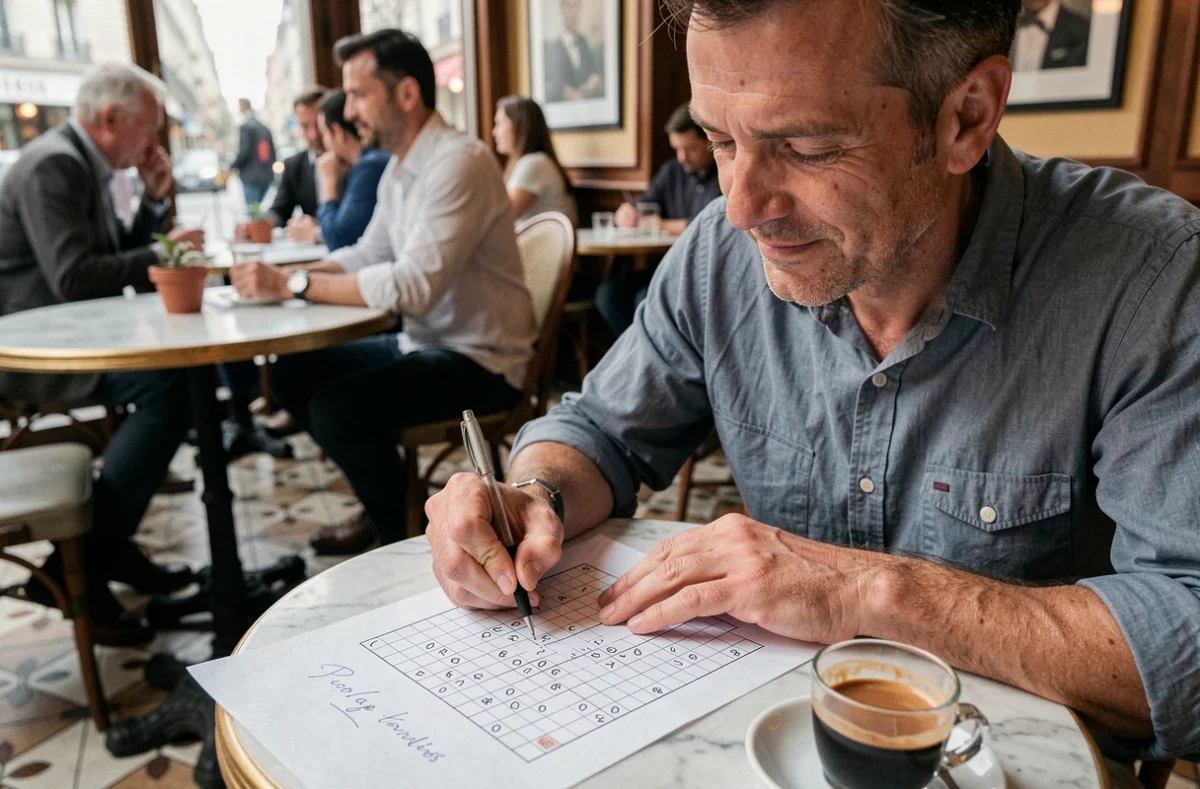 Homme complétant une grille de mots croisés Codycross dans un café avec un stylo et un espresso