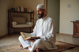 Homme musulman récitant le Coran après la prière sur un tapis de prière, illustrant la récitation de la sourate Al-Kursi