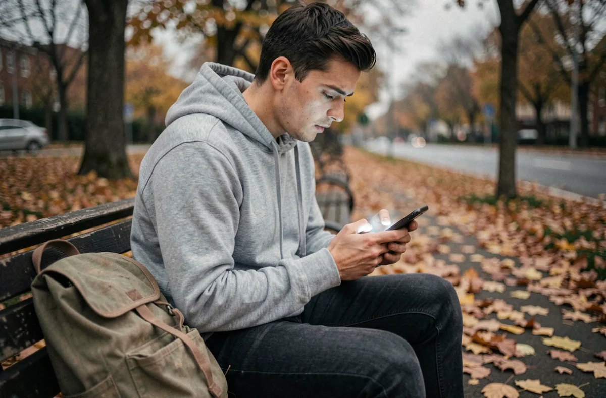 Jeune homme sur un banc de parc écrivant un message d'excuses à un ami sur son téléphone