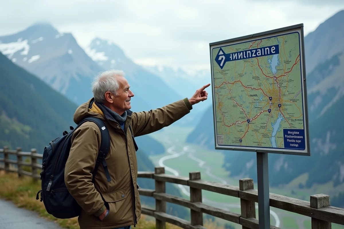 Homme pointant une carte routière en montagne en France