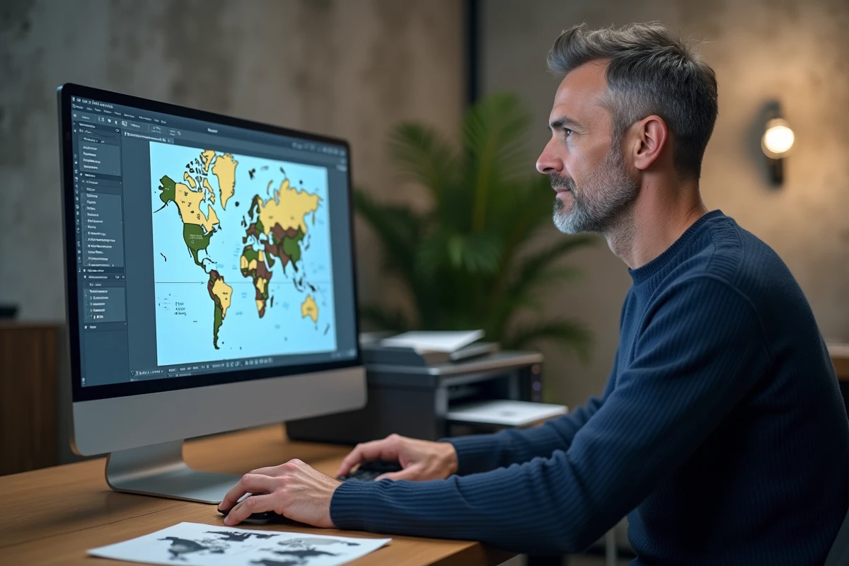 Homme ajustant l'échelle d'une carte du monde en PDF sur un ordinateur avant impression