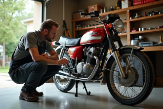 Homme en overalls examine une moto Honda Dax 125 dans un garage