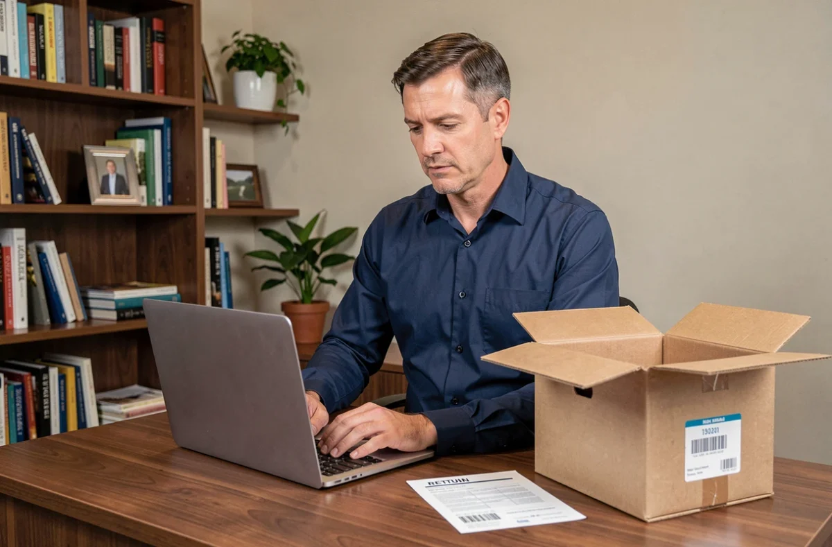 Homme consultant un site web pour gérer un retour de colis frauduleux depuis son bureau à domicile