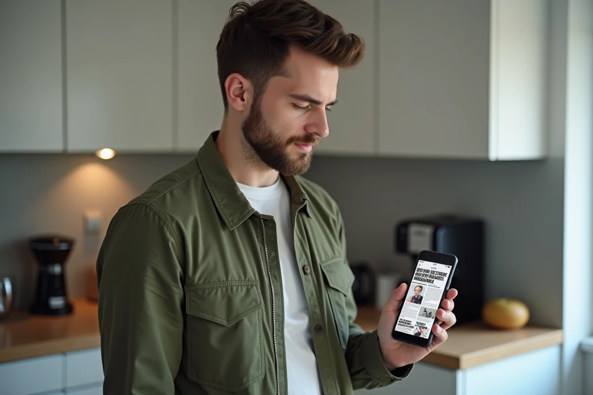 Homme consultant un site de scans manga VF sur smartphone dans une cuisine moderne