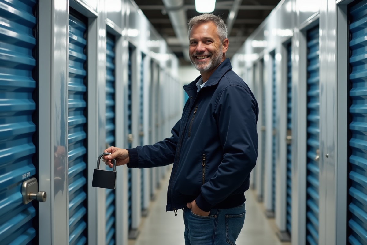 Homme souriant verrouillant un espace de stockage sécurisé