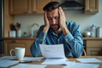 Homme stressé regardant ses factures à la maison