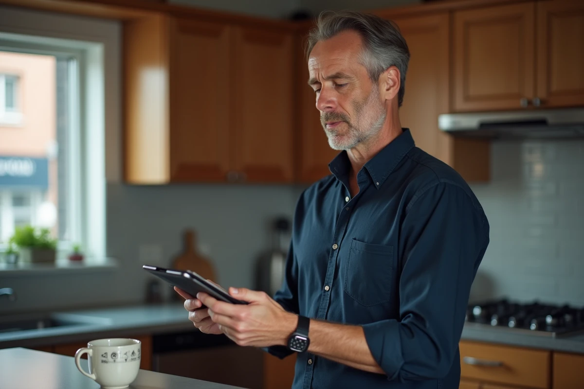 Homme consultant des avis et témoignages sur Gadrov via une tablette dans une cuisine moderne