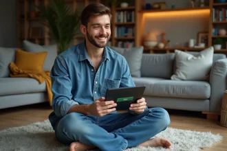 Jeune homme sur un tapis avec une tablette dans un salon cosy