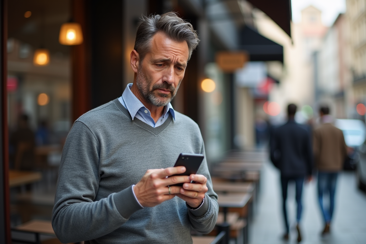 Homme d age moyen vérifiant son smartphone en ville