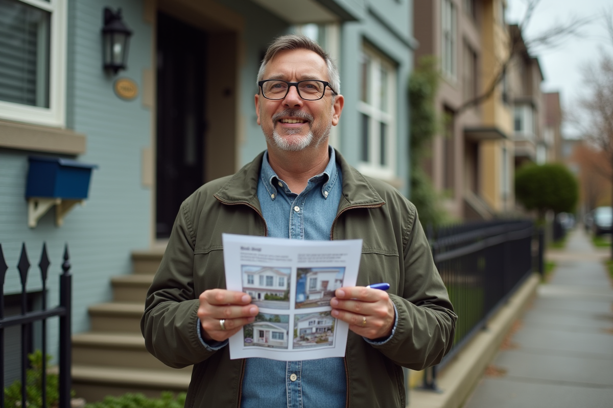 Homme dans un quartier urbain tenant des annonces de location