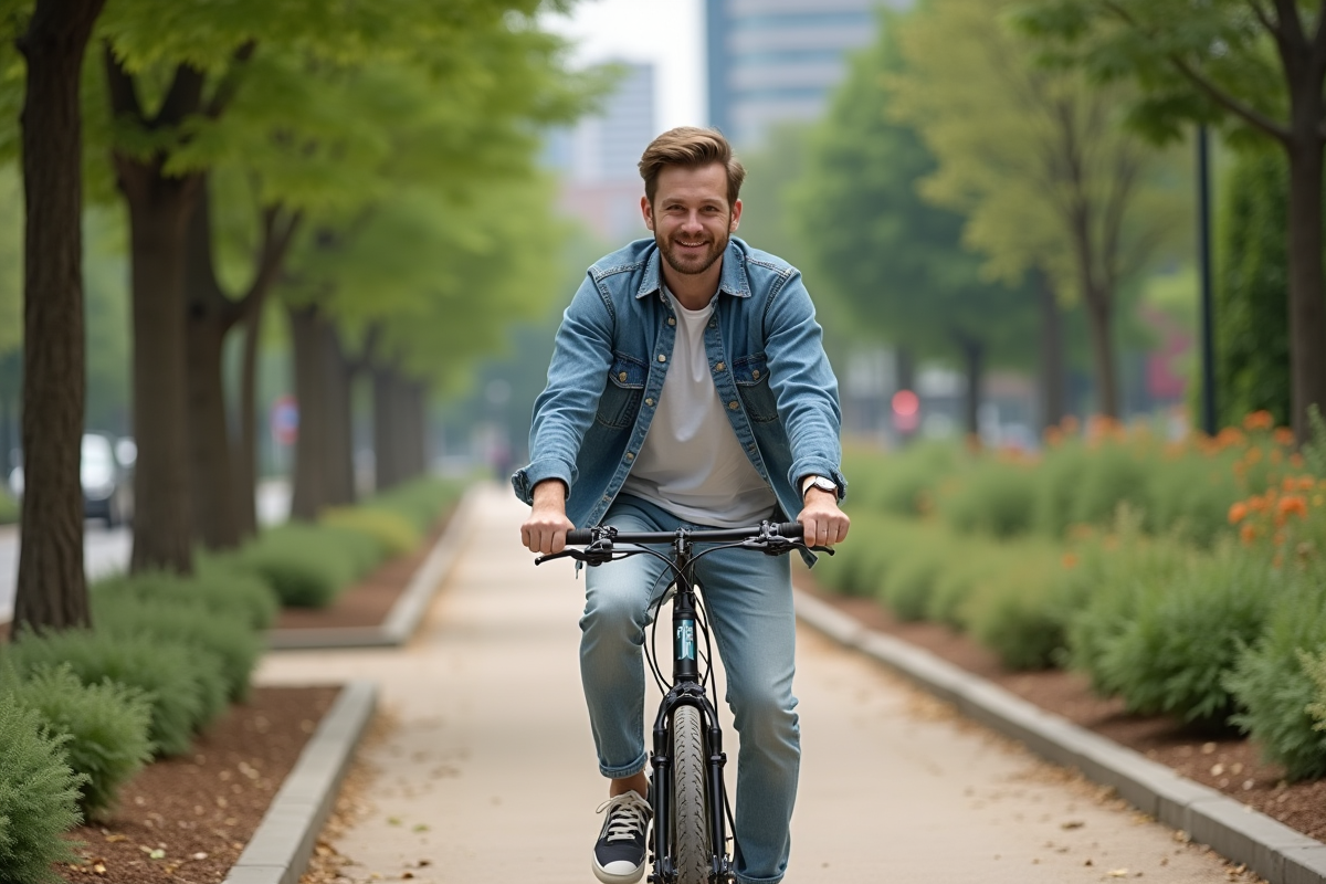 Jeune homme en jeans à vélo dans un parc urbain écologique