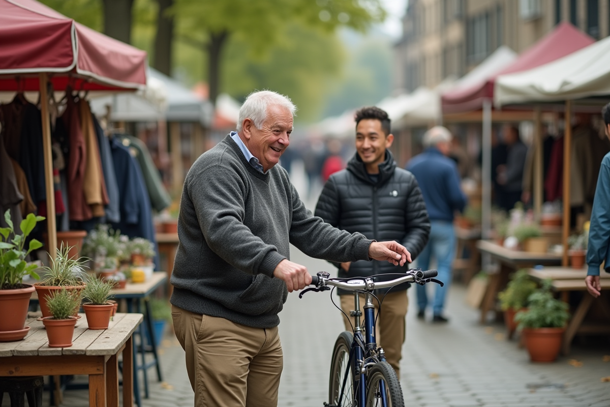 Vendeur souriant vendant un vélo à un couple au marché en plein air