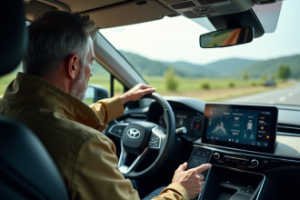 Homme d'âge moyen vérifiant le tableau de bord d'une voiture hybride en campagne