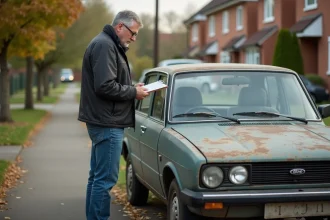 Homme d'âge moyen vérifiant une checklist à côté d'une vieille voiture