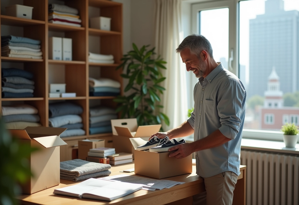 Homme emballant des chaussures dans un bureau organisé et lumineux