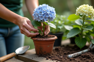 Jardinier plantant une hydrangea dans un petit pot avec outils de jardinage