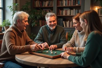 Groupe jouant à 421 dans un salon cosy et rustique