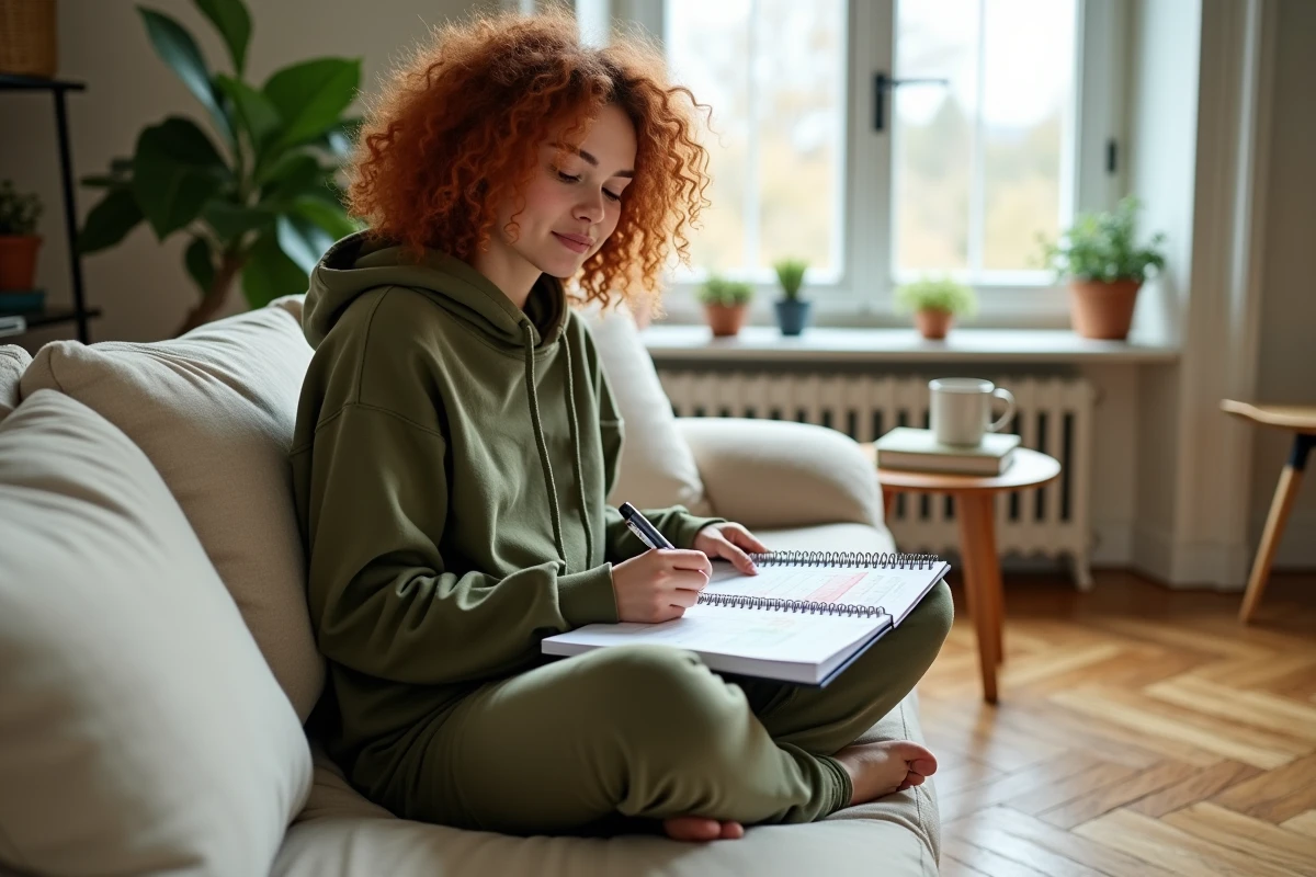 Jeune femme organisant son emploi du temps sur un calendrier mensuel 2026 dans un salon cosy