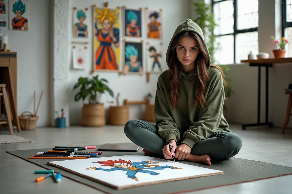 Jeune femme artiste coloriant un dessin de Vegeta de Dragon Ball avec des marqueurs Copic dans un studio d'art moderne