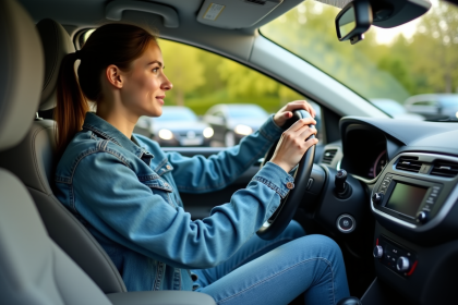Jeune femme en conduite pratique dans une voiture en extérieur