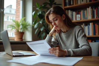 Jeune femme en bureau immobilier examinant des documents