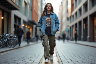 Jeune femme stylée marche dans la ville urbaine