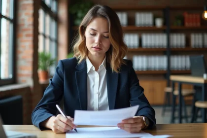 Jeune femme en blazer marine révisant son CV à un bureau en bois dans un espace de co-working moderne