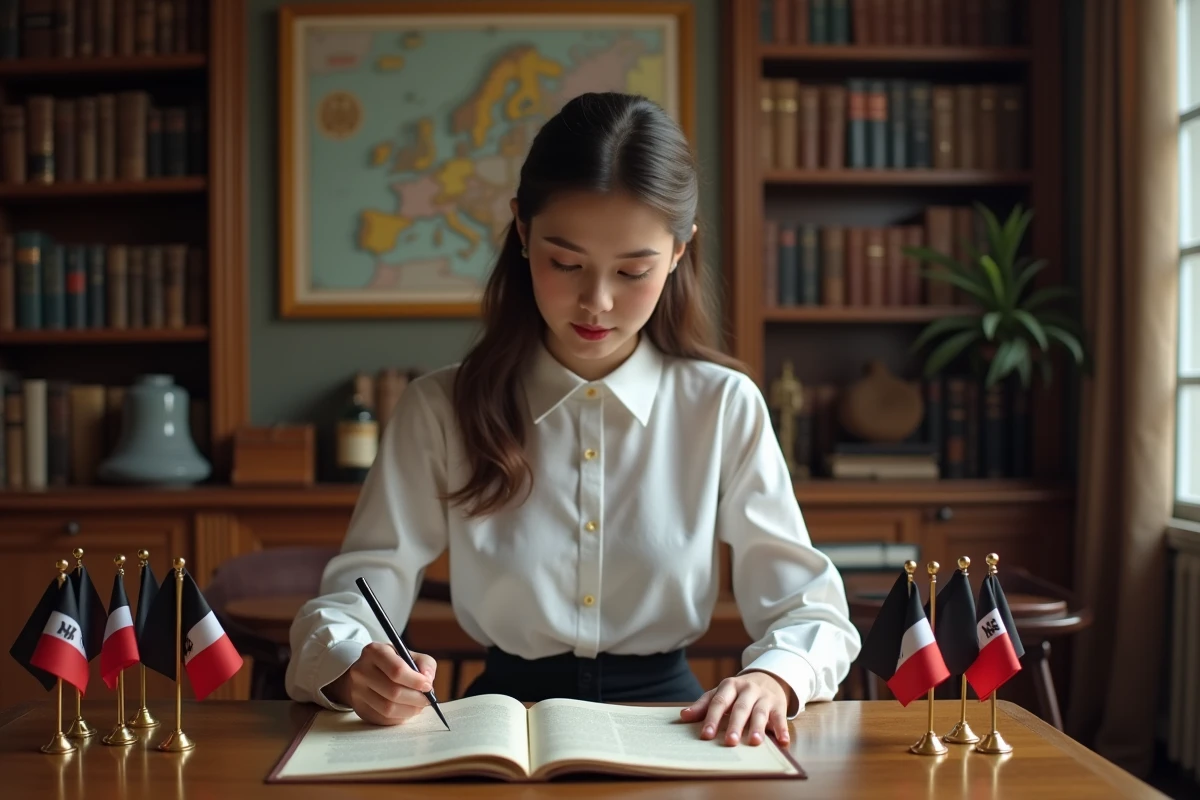 Jeune femme examine un drapeau avec un emblème