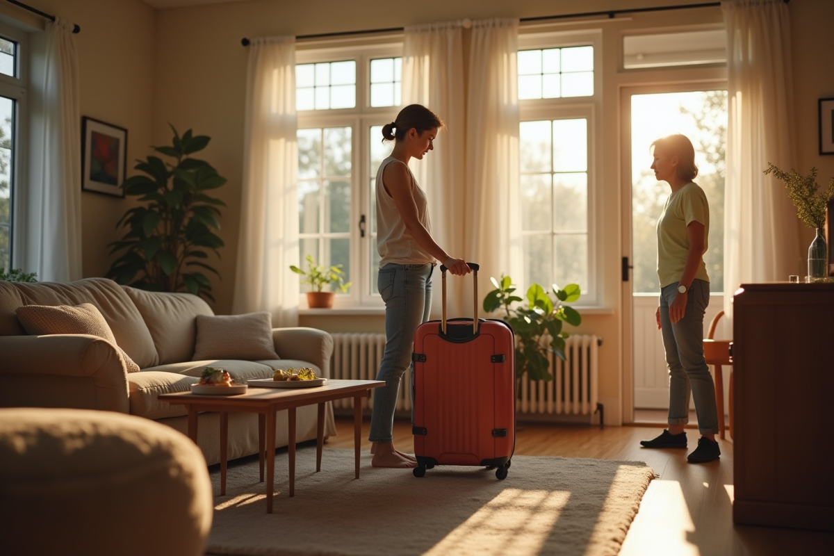 Jeune femme préparant sa valise dans un salon lumineux