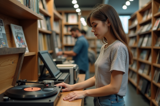 Jeune femme inspectant un tourne-disque vintage dans une boutique