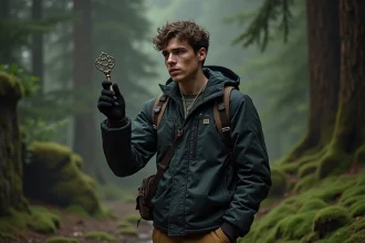 Jeune homme avec clé ancienne devant forêt mystérieuse