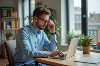 Jeune homme en bureau à domicile ajustant ses lunettes