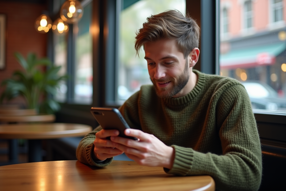 Jeune homme au café compare traduction sur smartphone