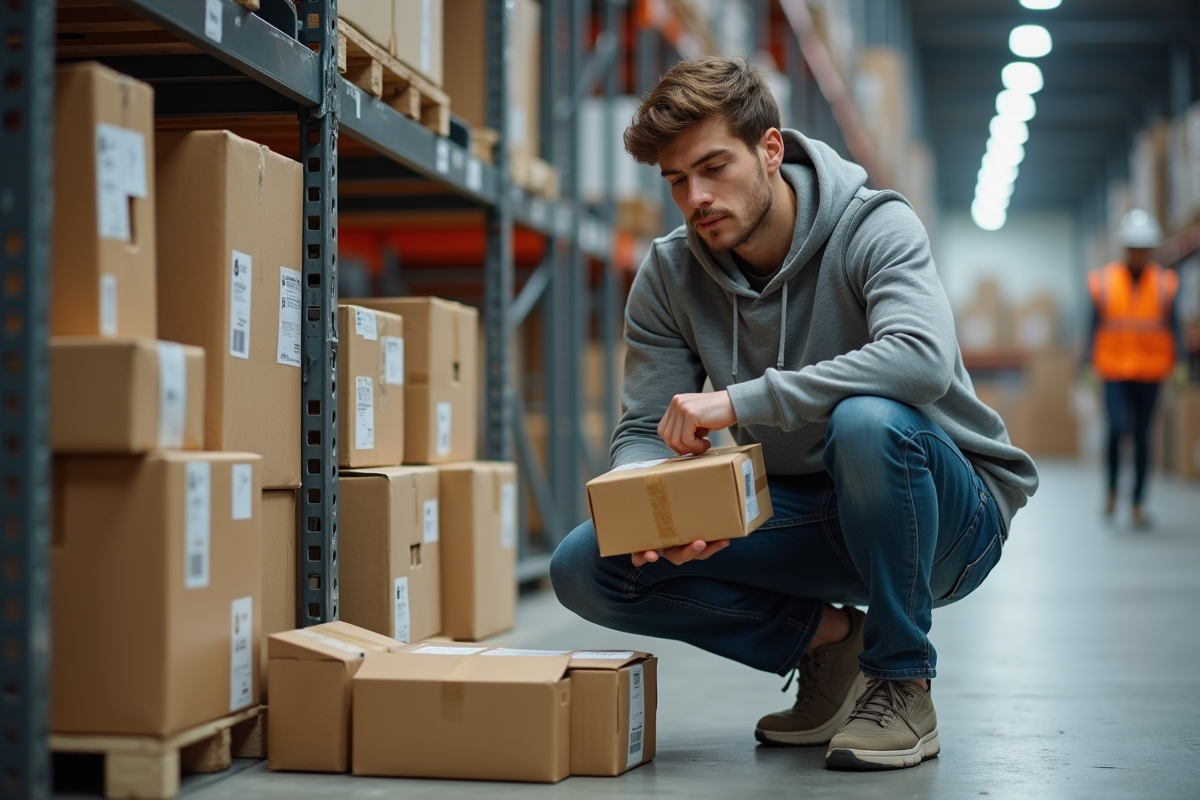 Jeune homme examinant un colis dans un entrepôt