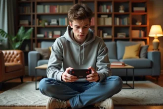Jeune homme concentré avec console rétro dans un salon cosy