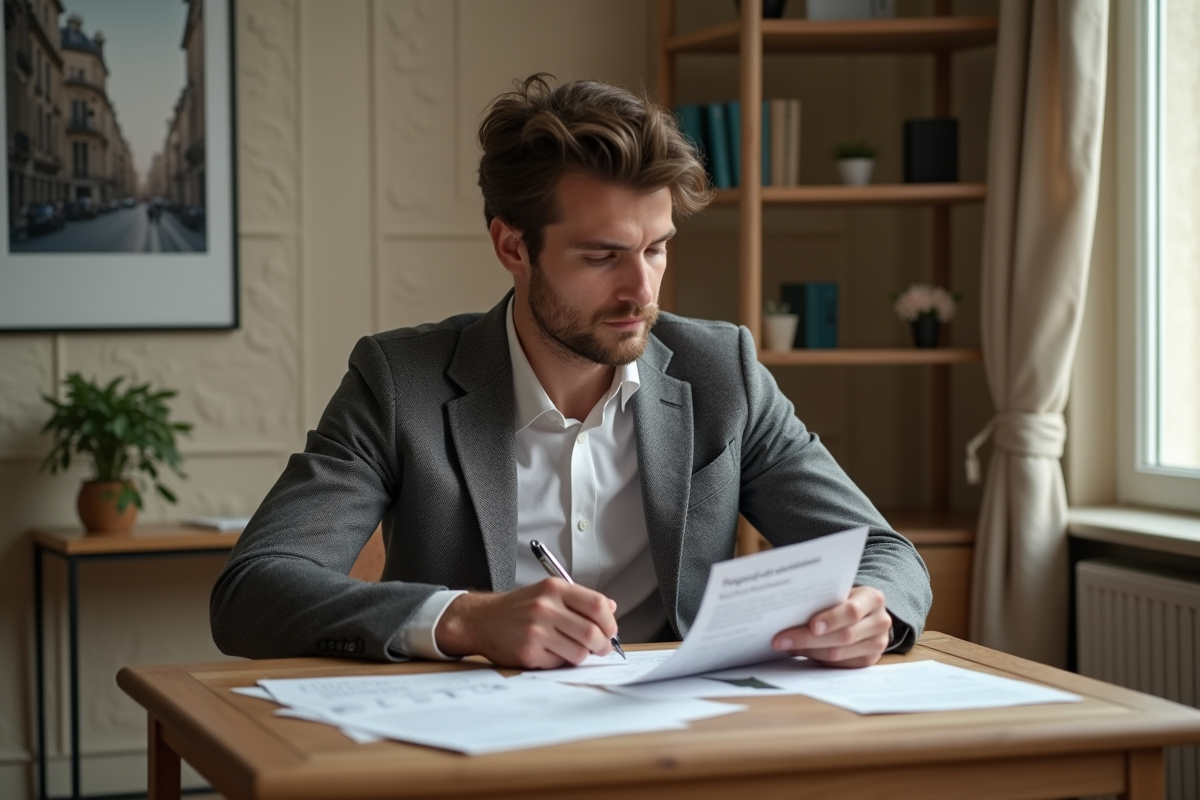 Jeune homme français à son bureau à domicile