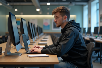 Jeune homme concentré sur son ordinateur dans un laboratoire universitaire