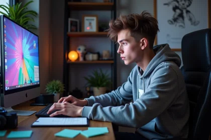 Jeune homme concentré sur son ordinateur gaming dans sa chambre