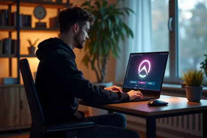 Jeune homme concentré sur un laptop gaming avec interface Aeonscope
