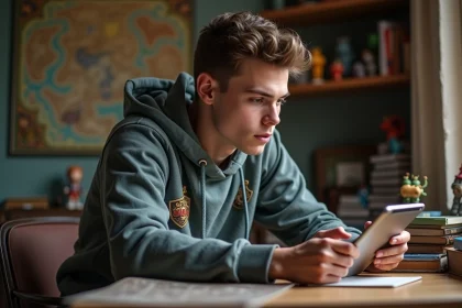 Jeune homme lisant un guide de jeu sur tablette dans un décor de jeux de société