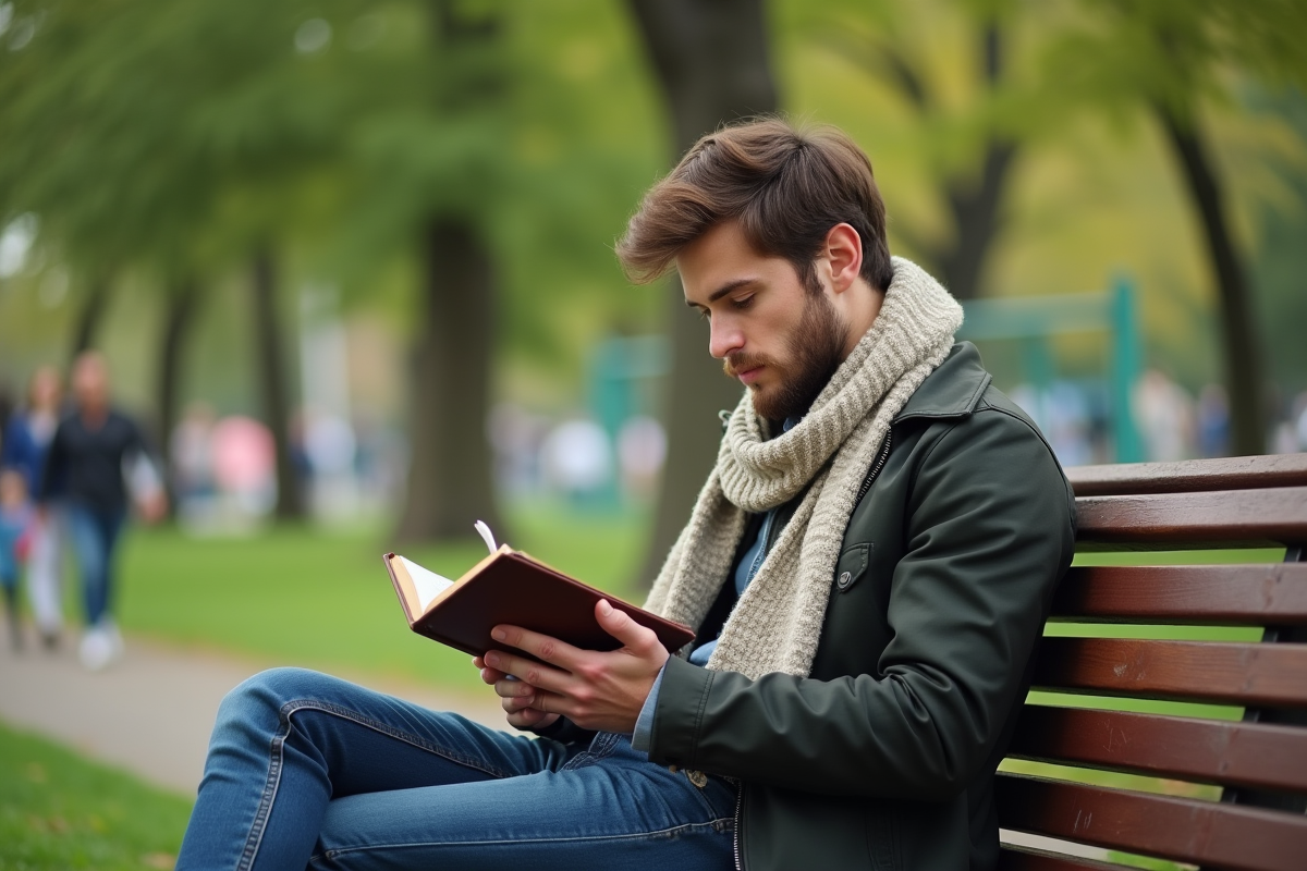 Jeune homme écrivant dans un journal au parc