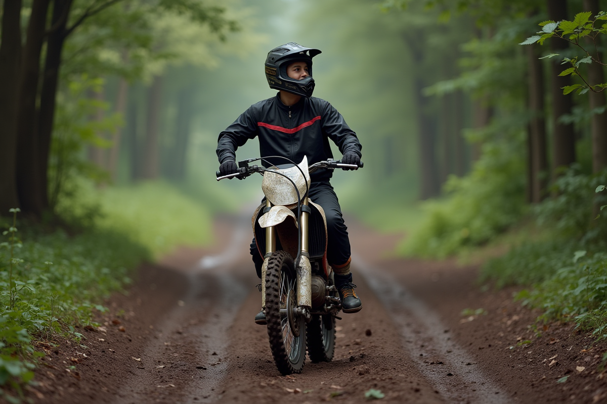 Jeune homme en motocross sur une forêt boueuse