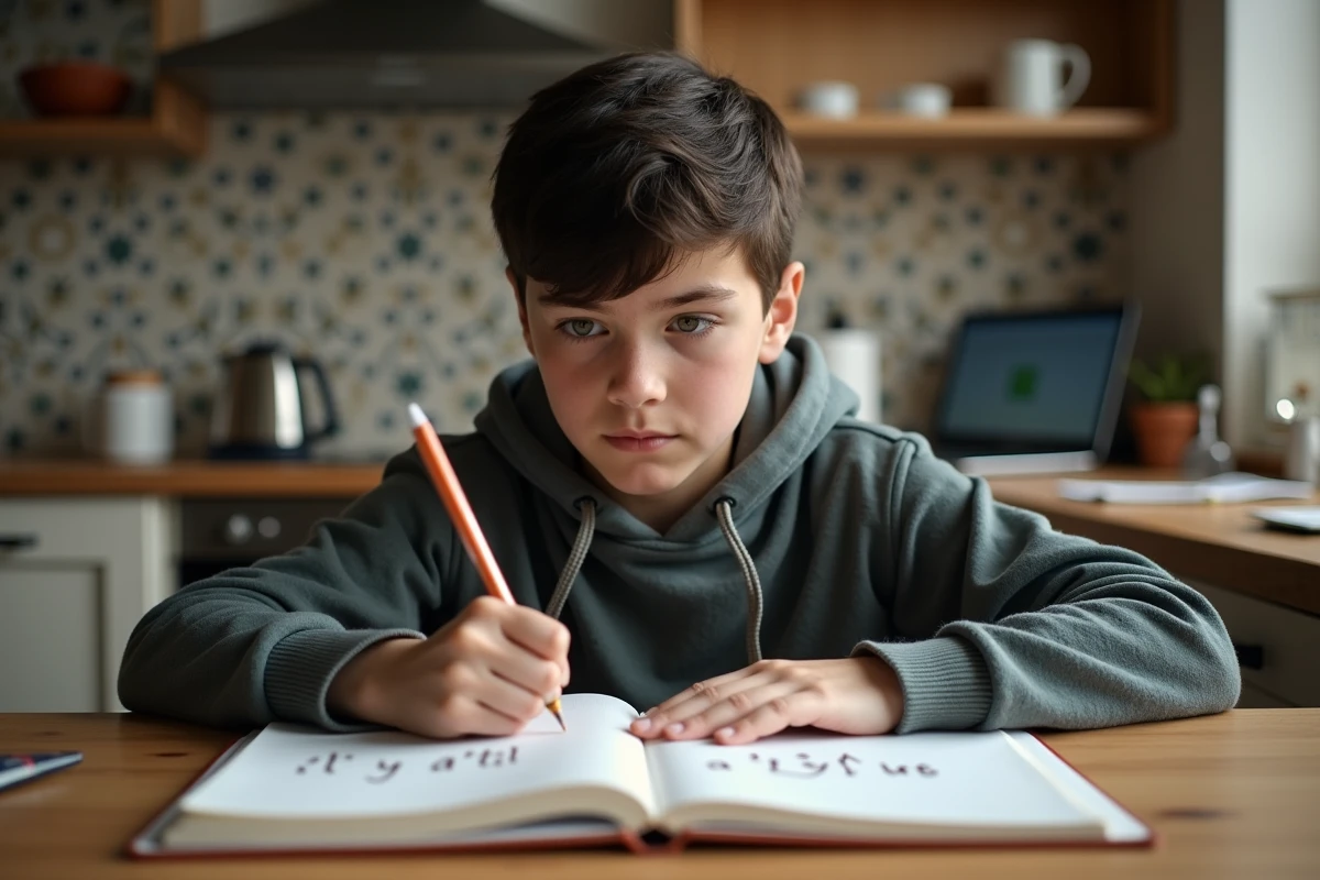 Jeune garçon étudiant ses notes de grammaire
