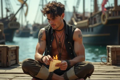 Jeune homme avec tatouage regarde un parchemin en feu sur un quai